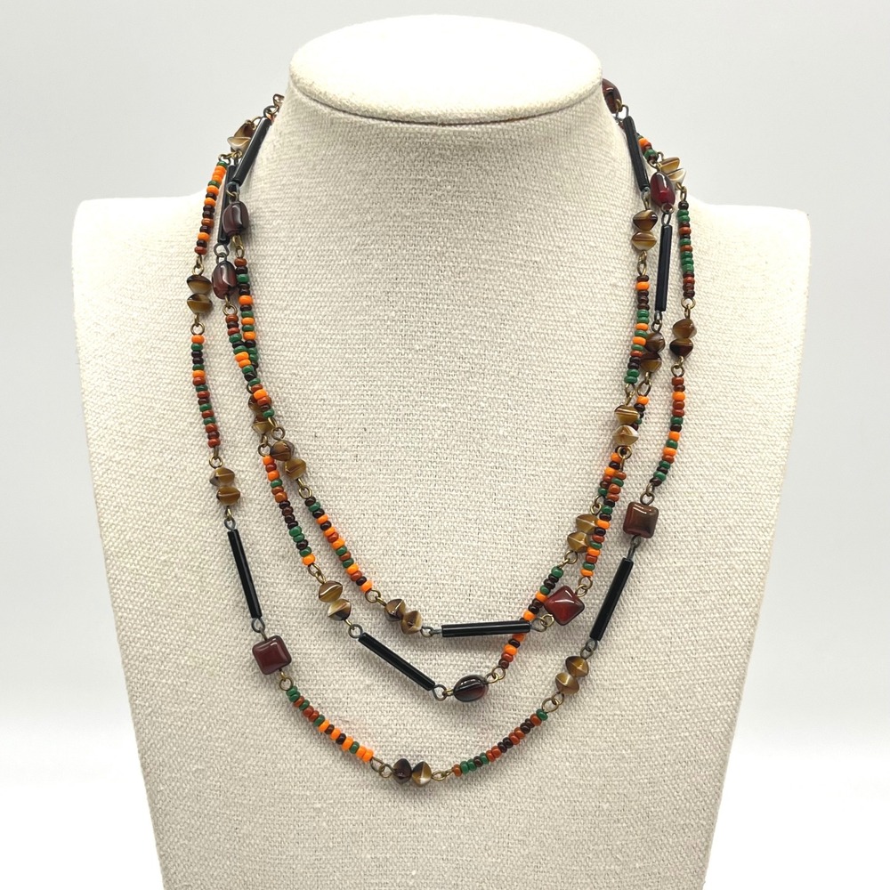 Vintage Long Beaded Flapper Necklace Earth Tone Orange Green Black Art Glass 52"